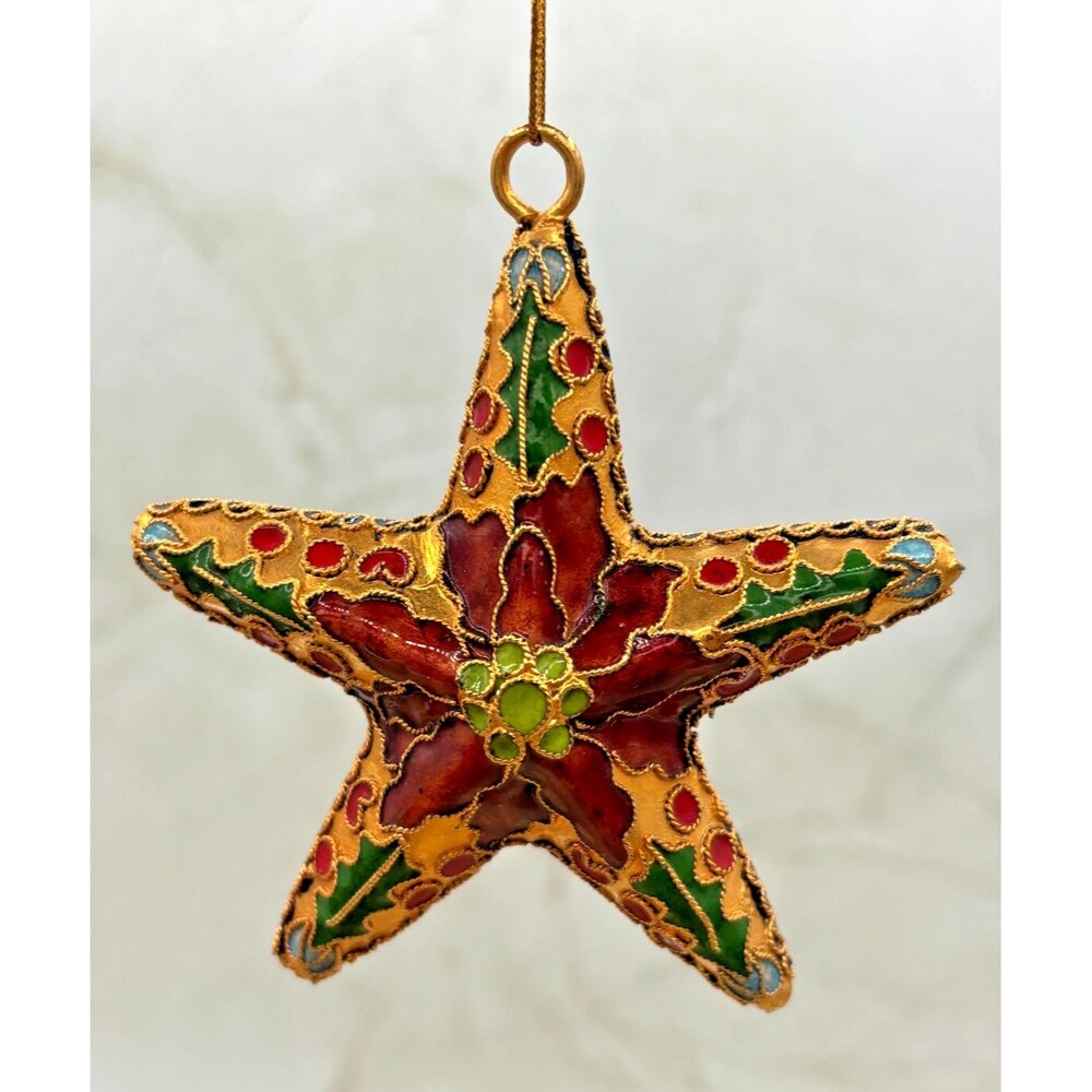 Cloisonne Red Enamel Gold Metal Holly Floral Star Christmas Hanging Ornament EUC